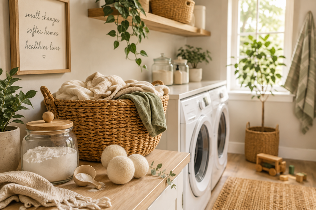 Cozy lower-tox laundry room with laundry basket, wool dryer balls and simple laundry essentials